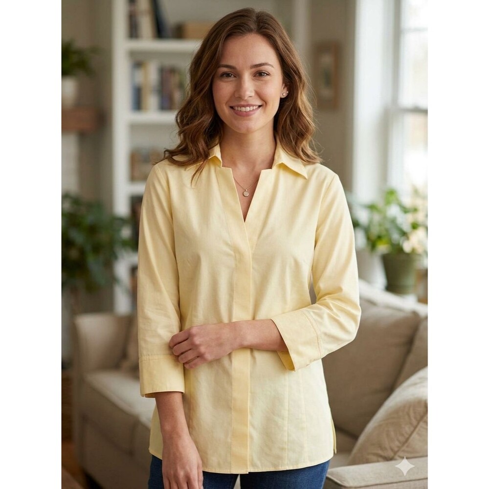Foxcroft Shirt Butter Yellow No Iron Stretch Button Front Long Sleeve Top 12
